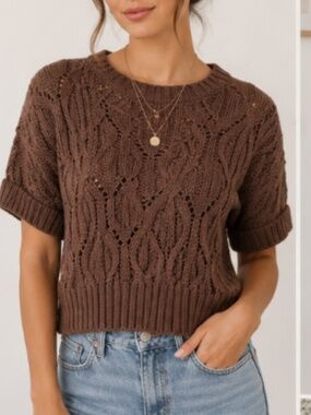 By Together | Cropped Brown Knitted Short Sleeve Sweater | Size Large
